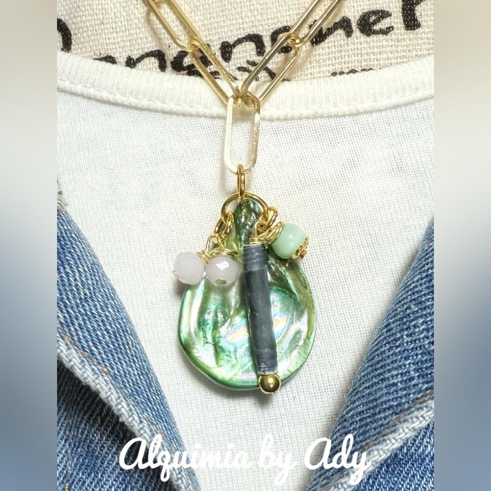 RECYCLED + Green shell and Gold Pendant Necklace + Artifact Charms CLUSTER